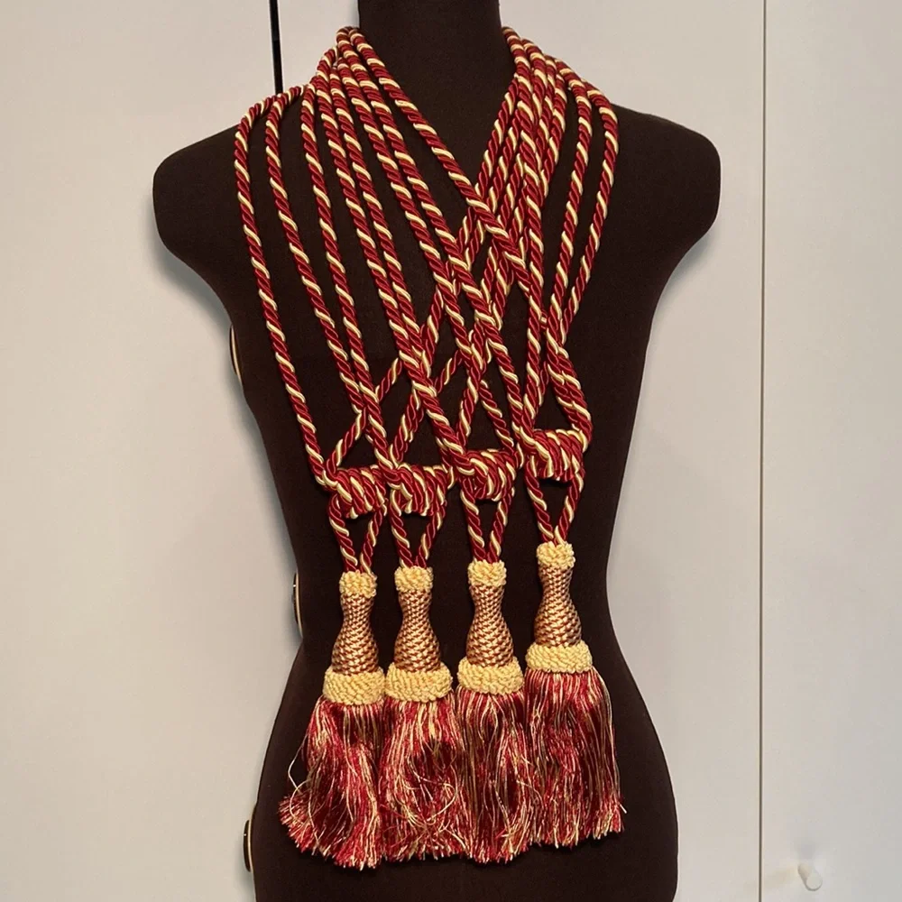Drapery tie back (4) rope and tassels gold burgundy